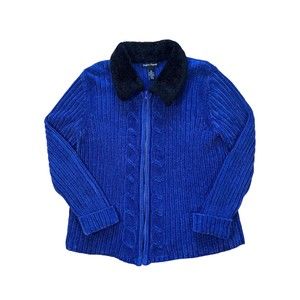 Designer Originals‎ Studio Blue Full Zip Sweater Jacket LS Black Faux Fur Collar